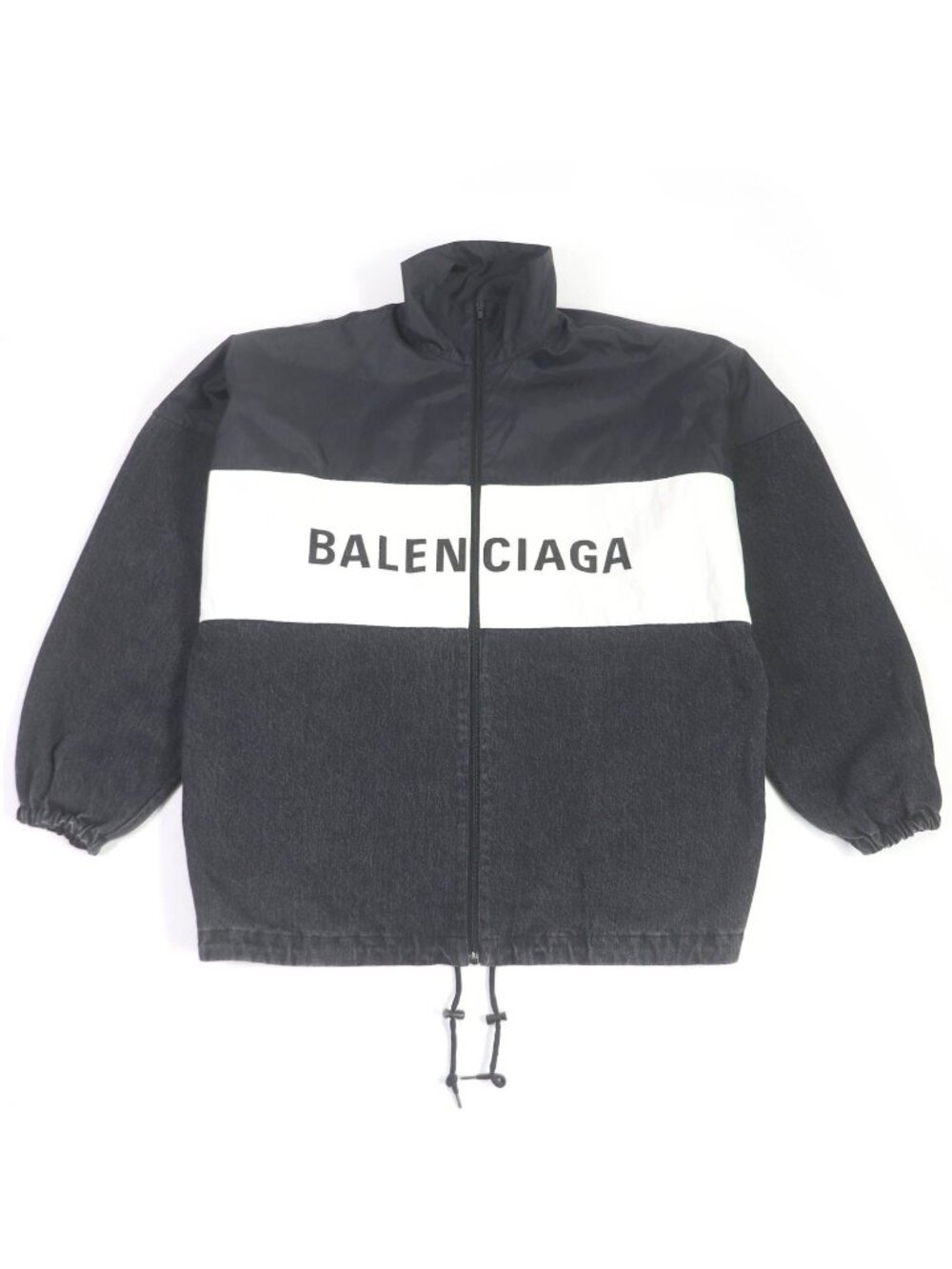 Balenciaga Logo Printed Denim Panel Oversized Poplin Shirt Jacket Black 34